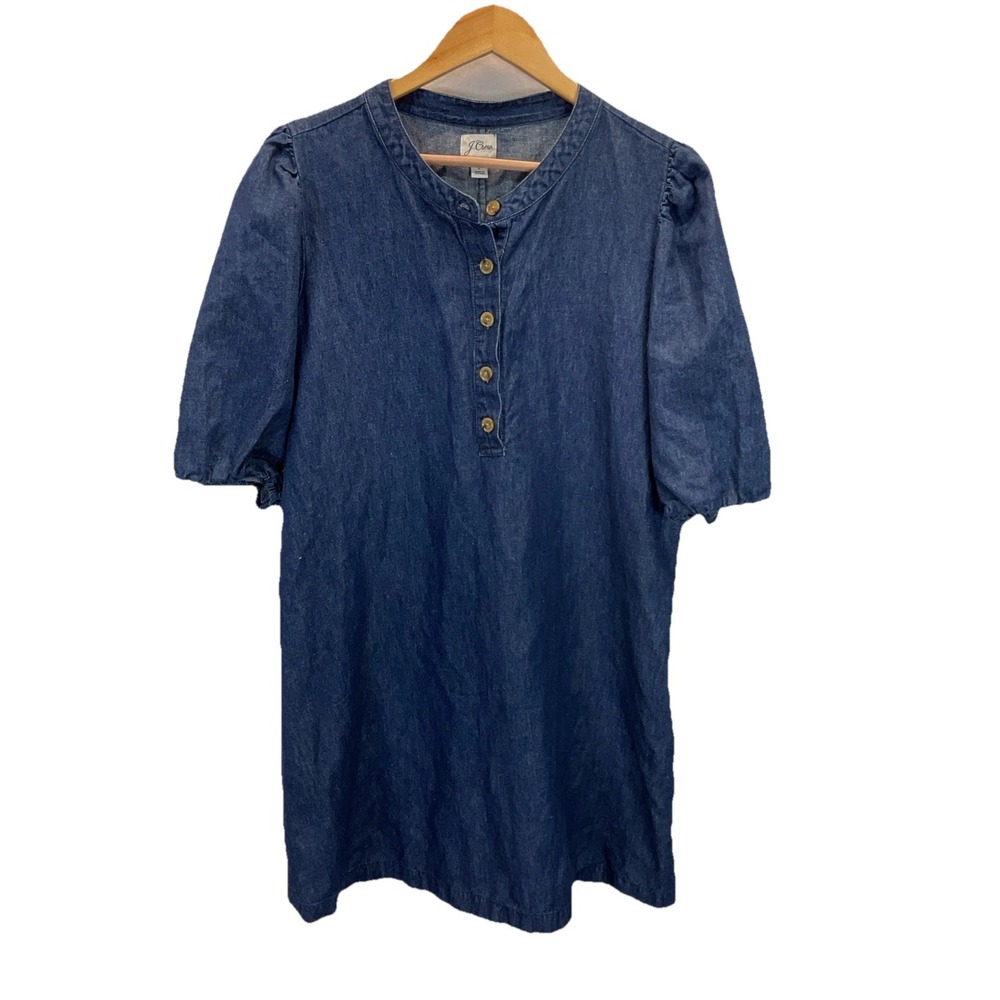 J Crew Womens Denim puff Sleeve Shirt mini‎ Dress Size LG preppy casual office
